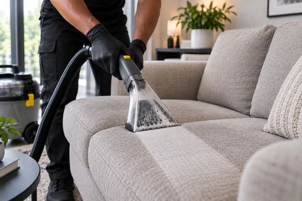 A CouchToRug technician working through a sofa cushion with an extraction tool.