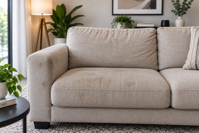 A beige fabric couch showing dulled, soiled upholstery before cleaning.