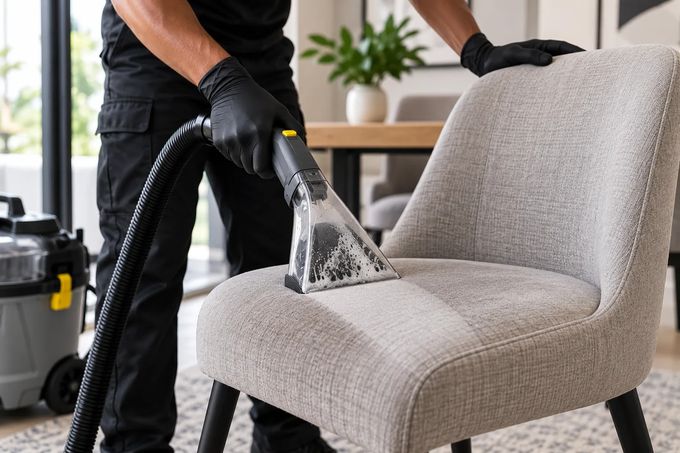Cleaning the fabric seat of a dining chair with an upholstery tool.