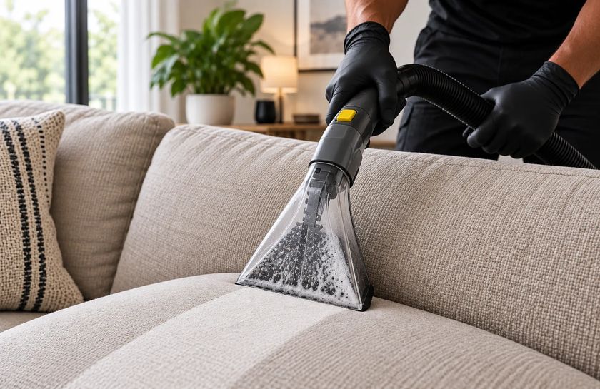 A CouchToRug technician extracting dirt from a beige fabric sofa with a hot-water extraction tool.