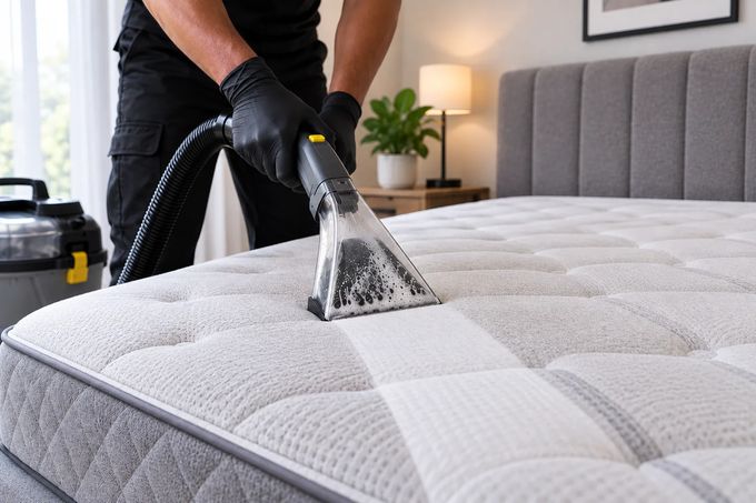 Technician sanitising a quilted mattress with an extraction tool.