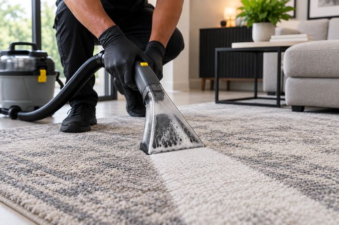 Deep cleaning a textured wool rug with a hot-water extraction wand.